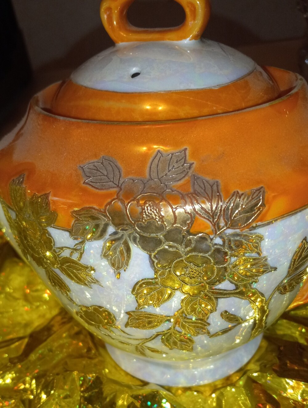 Tea Pot Ornate Gold Floral Ceramic Jar - Orange and Iridescent White